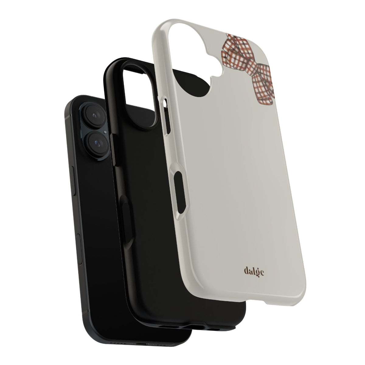 A Phone case with a brown bow showing two layers of case for extra durability