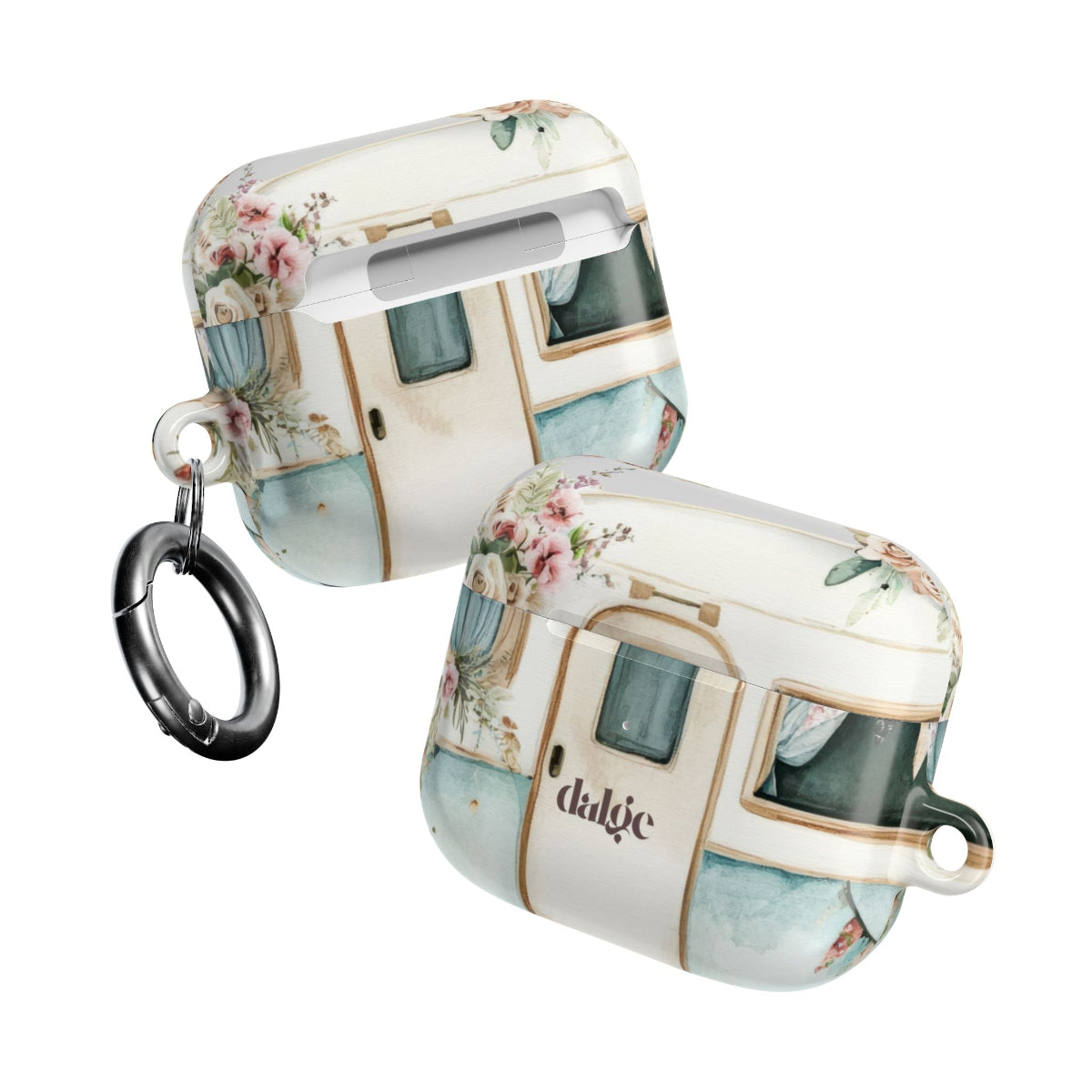 Pick Me Up At 8 Earbuds Case—Glossy polycarbonate shell featuring vintage travel watercolor camper and floral artwork, lightweight design, with clip attachment.