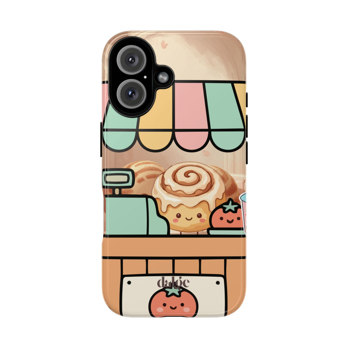 Cinna Working on Valentine’s Phone Case showing a pastel bakery scene with Cinna the cinnamon roll and cute treats, full wrap artwork.