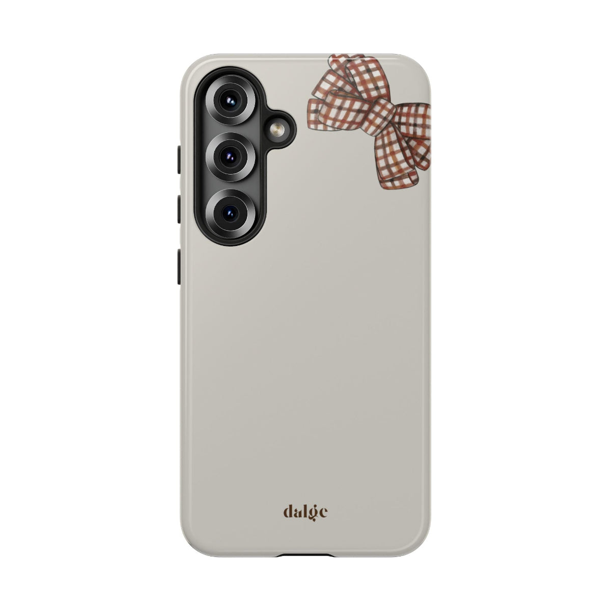 Phone case with a checkered bow design on a white background