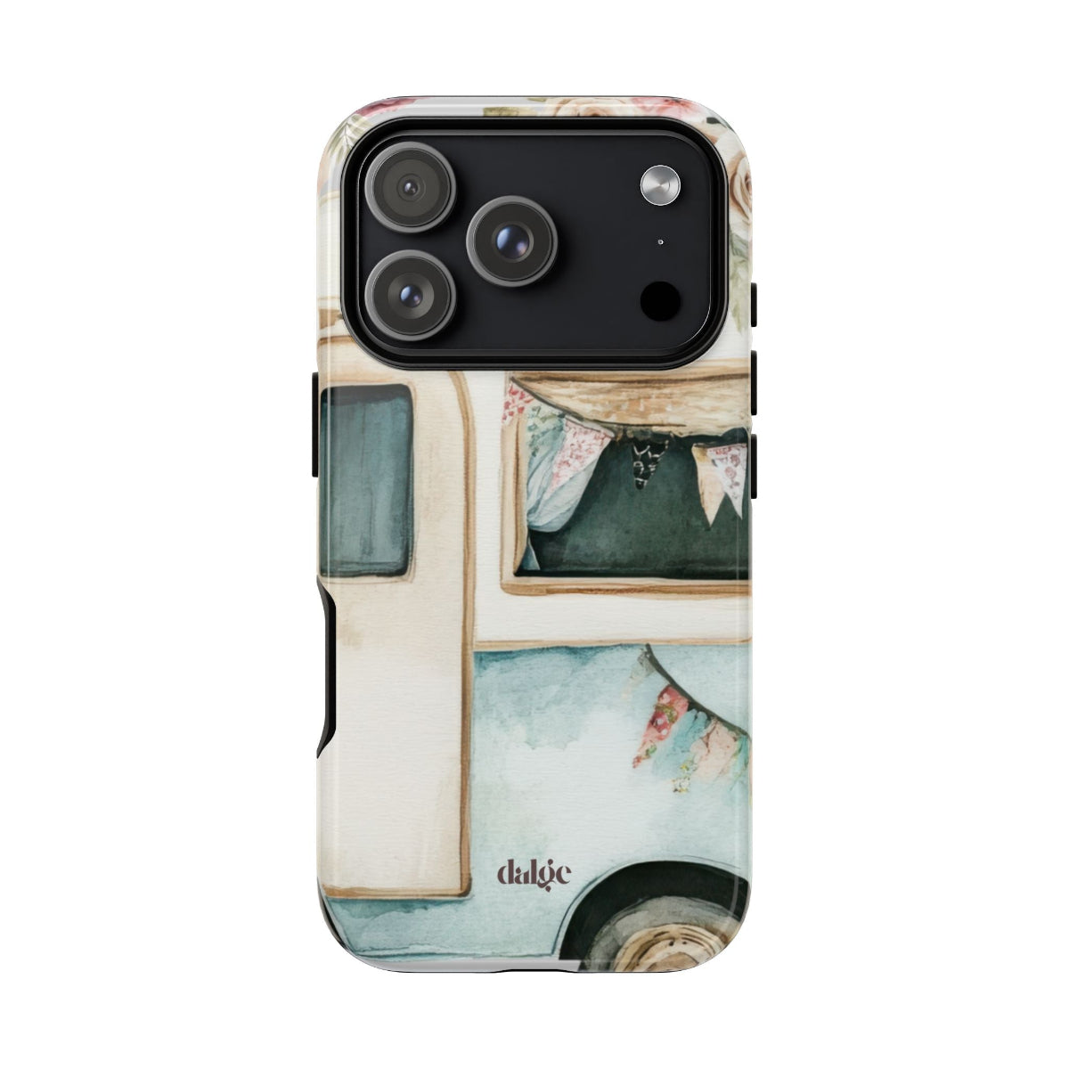 Pick Me Up At 8 Tough Phone Case – Slim, impact-resistant case with vintage watercolor camper and floral scene, available in glossy or matte finish.