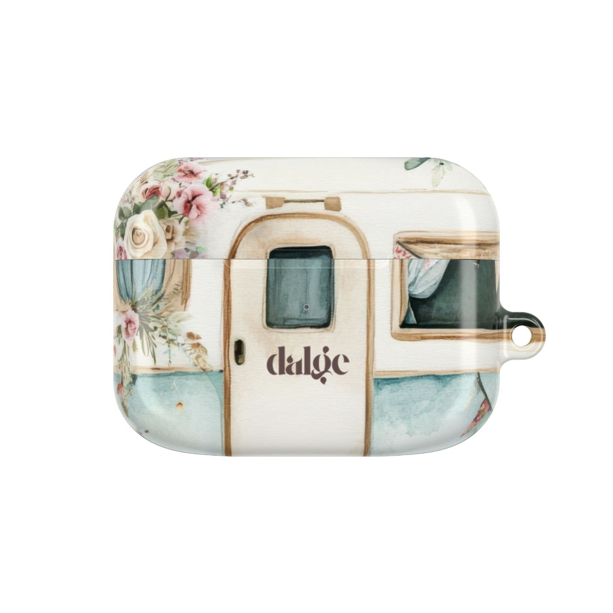 Pick Me Up At 8 Earbuds Case—Glossy polycarbonate shell featuring vintage travel watercolor camper and floral artwork, lightweight design, with clip attachment.