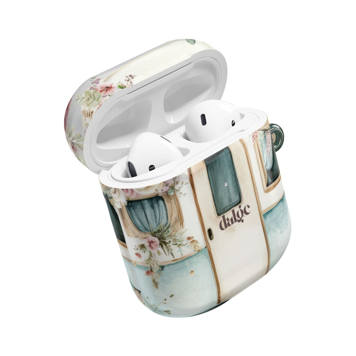 Pick Me Up At 8 Earbuds Case—Glossy polycarbonate shell featuring vintage travel watercolor camper and floral artwork, lightweight design, with clip attachment.