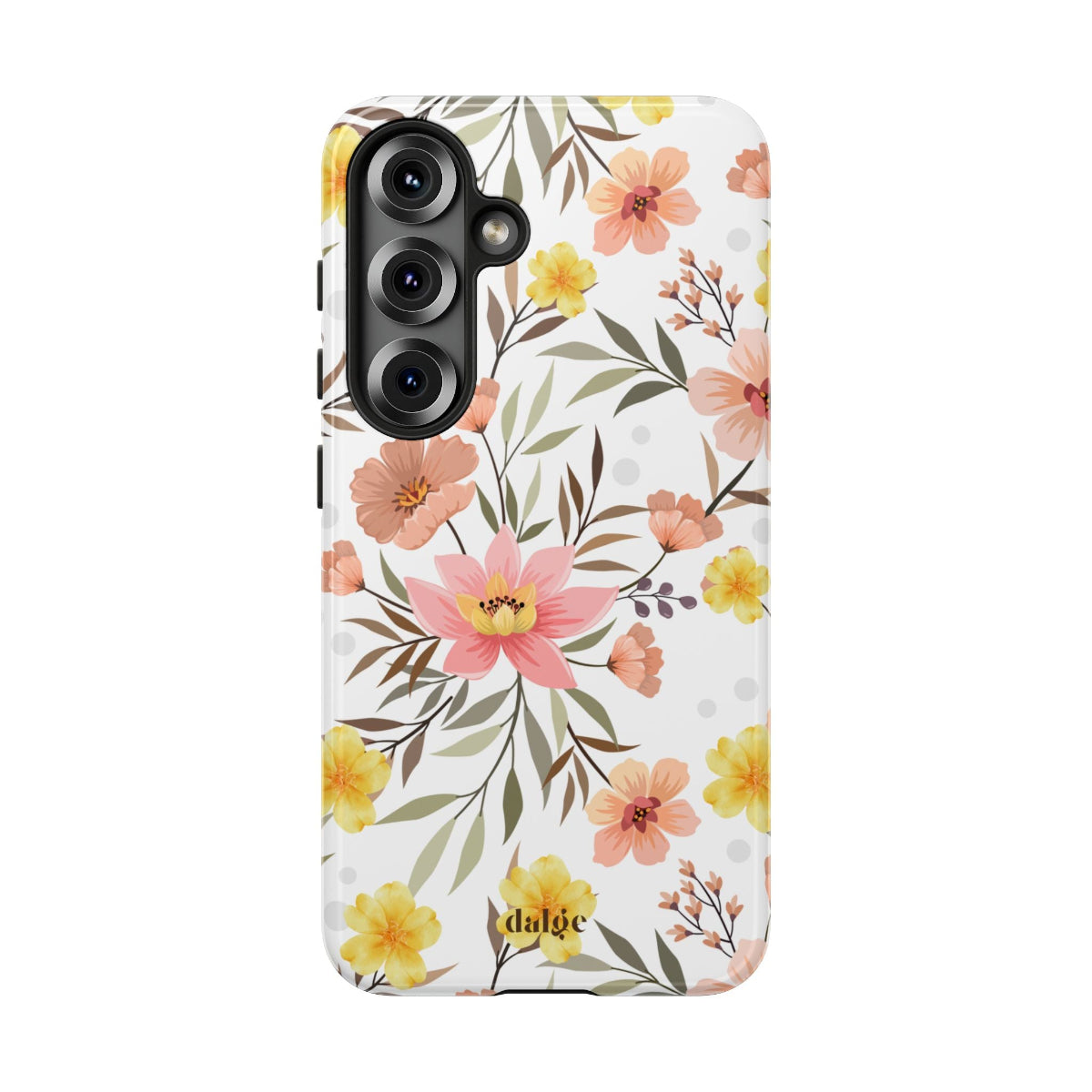 Floral phone case with pink and yellow flowers on a white background