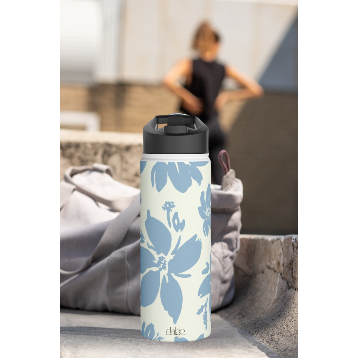 Cream Blue Aesthetic Pastel Floral Stainless Steel Water Bottle