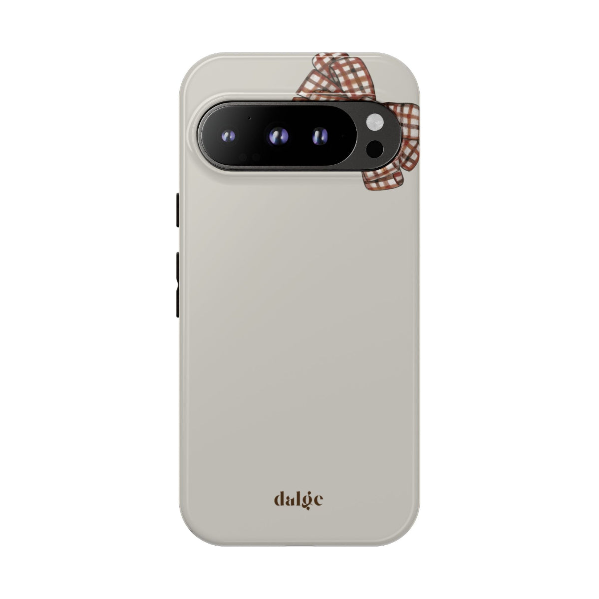 Fall Box Tough Phone Case featuring a plaid bow on a taupe background from fall  Collection Toffee Latte