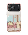 Momo's Valentines Day Tough Phone Case showing a cozy pastel scene with cupcakes and a curled Momo with a mug.