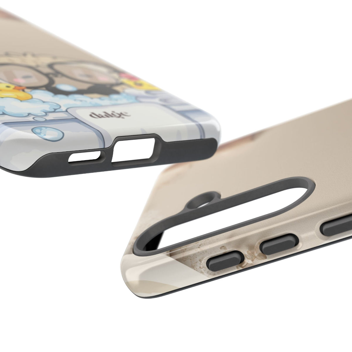 Side view of Lazy Lou Enjoying a Bubble Bath case showing detailed artwork of Lou in a bath with foam and bubbles, seamless design.