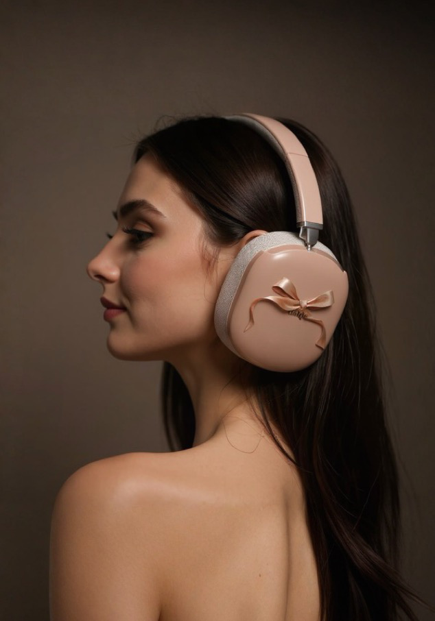 Woman wearing pink headphones with a bow detail on a brown background