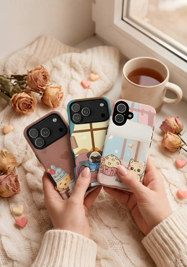 Valentine's Day limited edition phone cases featuring cute cartoon designs, displayed with roses, heart-shaped petals, and a cup of tea by a window. Perfect for adding a romantic touch to your mobile accessories collection.