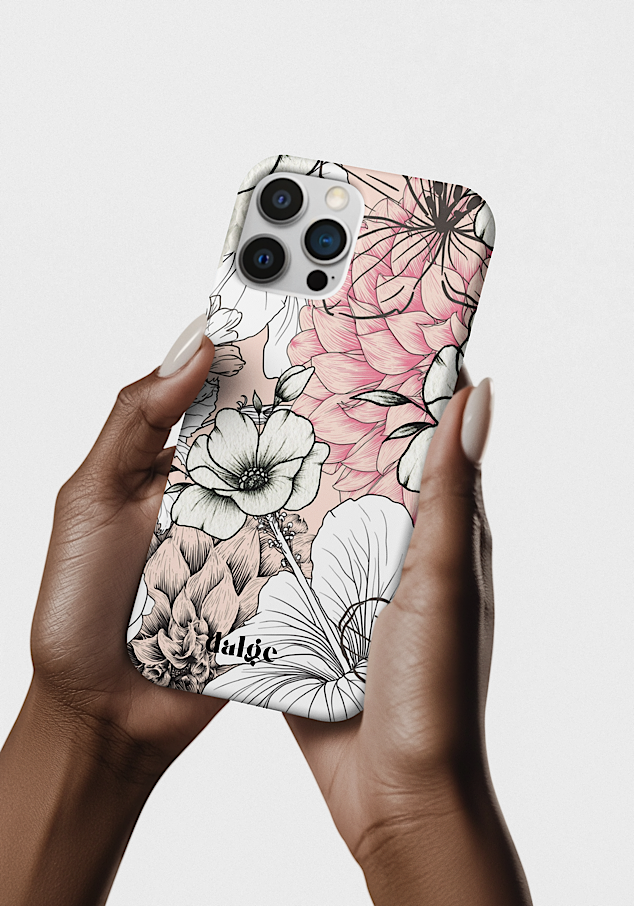 A person holding an iPhone with a pastel floral phone case, featuring the brand name 'dalge' at the bottom, against a plain light background