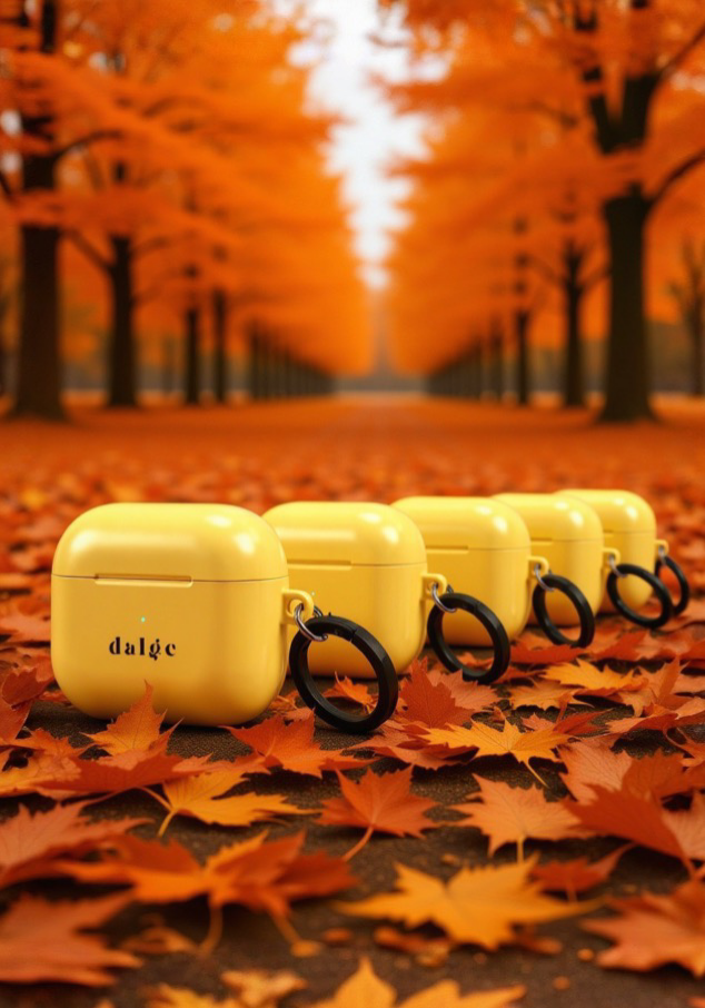 Yellow airPods cases with black rings on a path lined with orange autumn leaves.