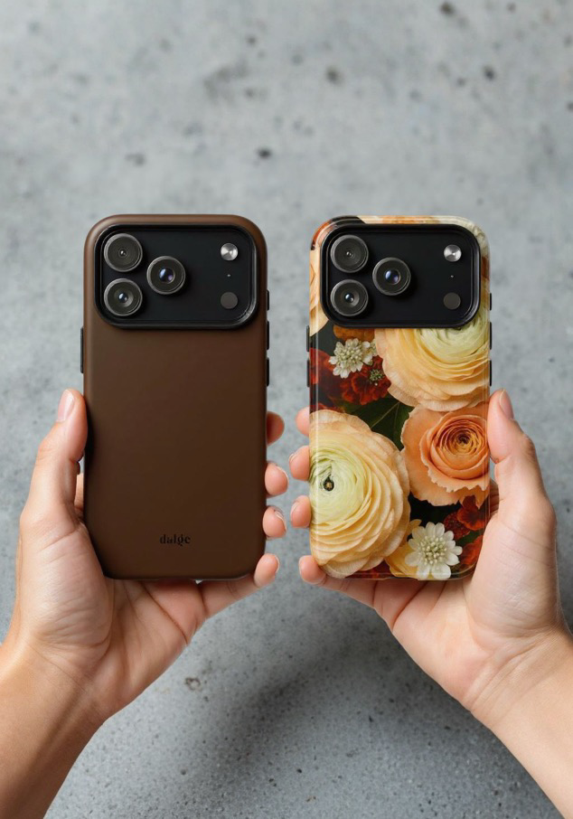 Two phone cases, one brown and one with floral design, held by hands against a gray background.