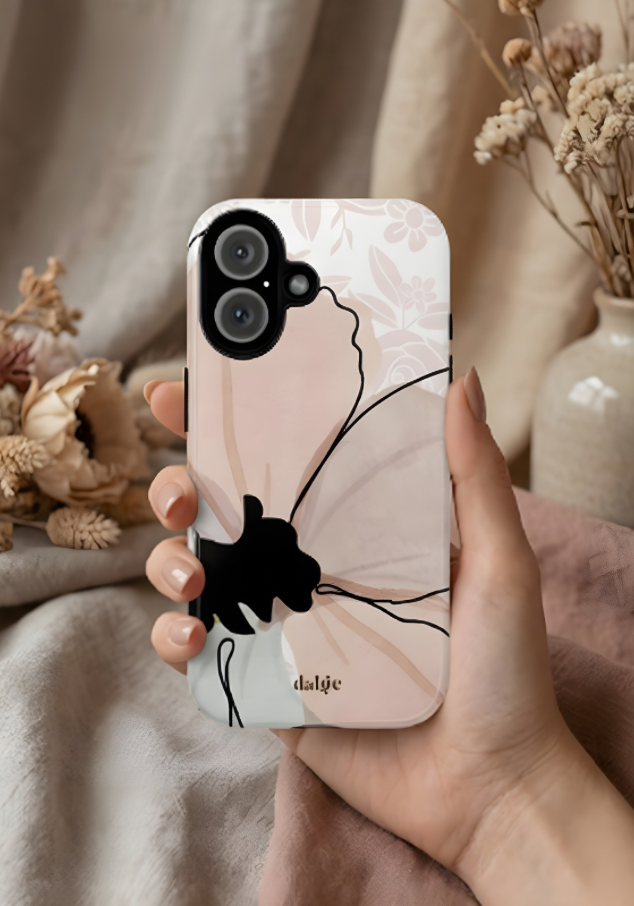 Spring Edition phone case with floral and abstract design, perfect for seasonal accessories and gifts, shown with a cozy background.
