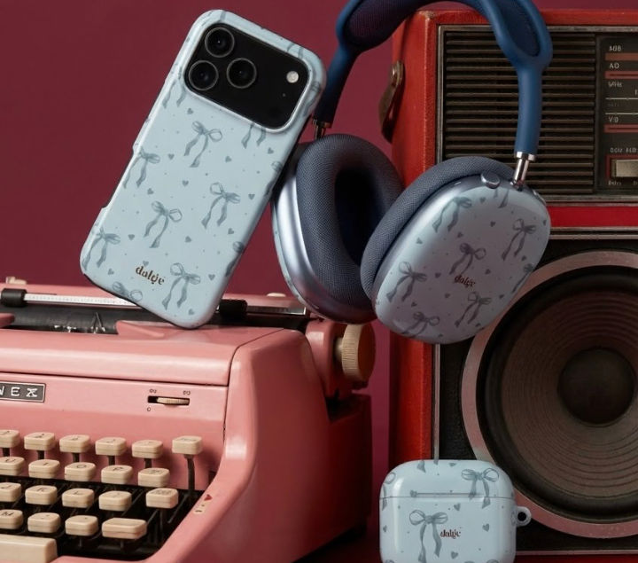 Matching accessories: Elegant bow-themed phone case, headphones, AirPods case."