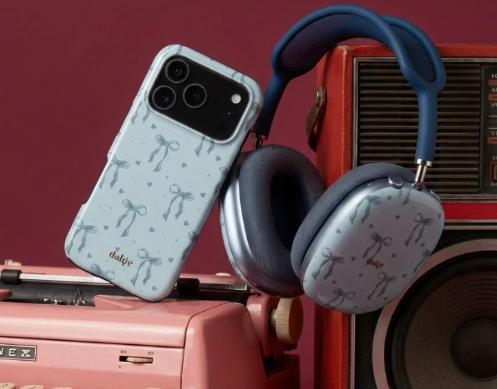 Stylish tech accessories | Blue bow design phone case, And  AirPods max cover in the same design for coordinated elegance.