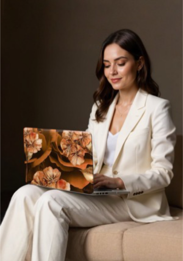 Woman in a white suit sitting on a couch using a laptop with a floral design.