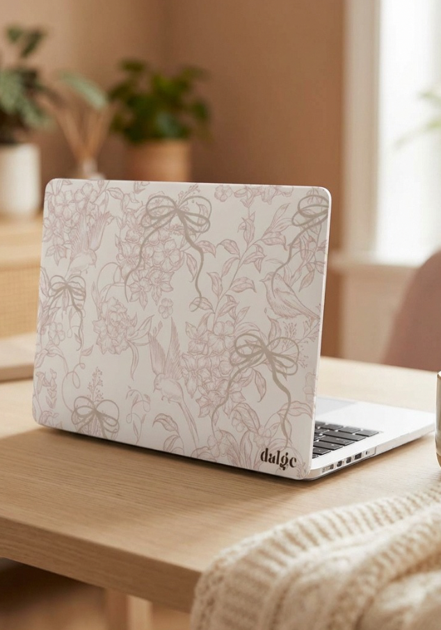 Laptop with floral and bow pattern on a wooden desk