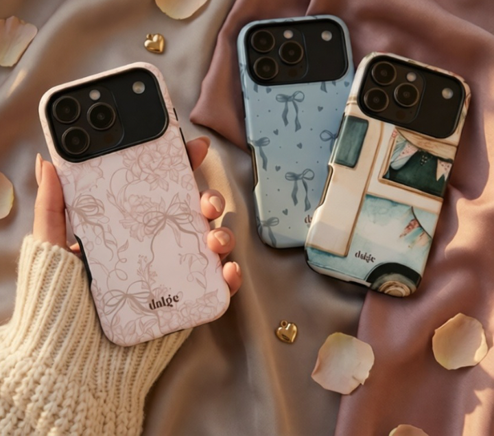 Three phone cases with different designs held by a hand, surrounded by decorative elements featuring our new designed phone cases for valentines called call my back